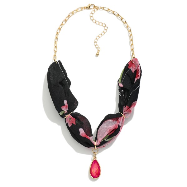 Floral Scarf & Chain Link Necklace Featuring Glass Crystal Teardrop Pendant 

- Approximately 14" L
- Extender 3" L