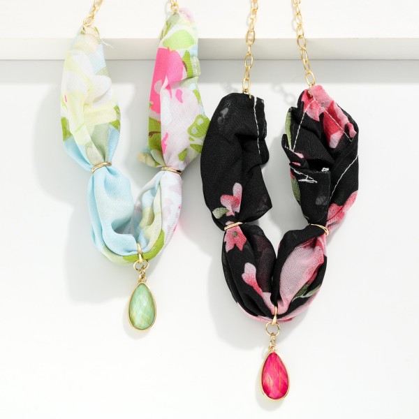Floral Scarf & Chain Link Necklace Featuring Glass Crystal Teardrop Pendant 

- Approximately 14" L
- Extender 3" L