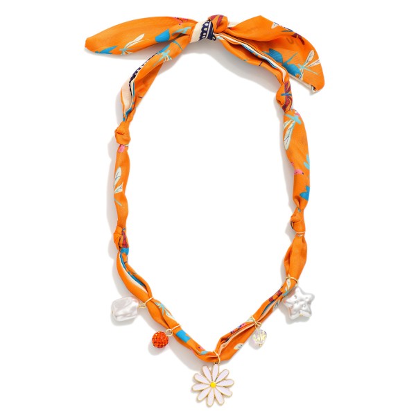 Scarf Necklace Featuring Flowers, Rhinestone Ball, & Pearl Heart Charms 

- Approximately 16" L