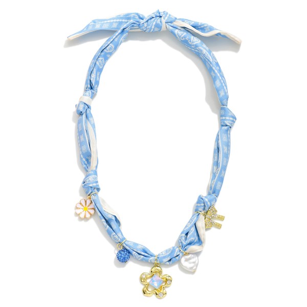 Bandana Scarf Necklace Featuring Flower, Bow, & Pearl Heart Charms 

- Approximately 16" L