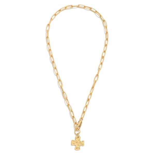 Paperclip Chain Link Necklace Featuring Hammered Metal Plus Cross Pendant 

- Approximately 16" L
