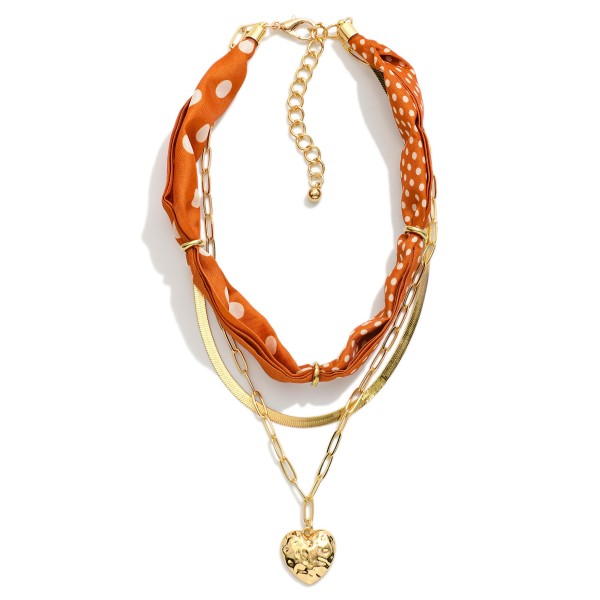Scarf & Chain Link Necklace Featuring Puffy Metal Tone Heart Pendant 

- Approximately 16" L