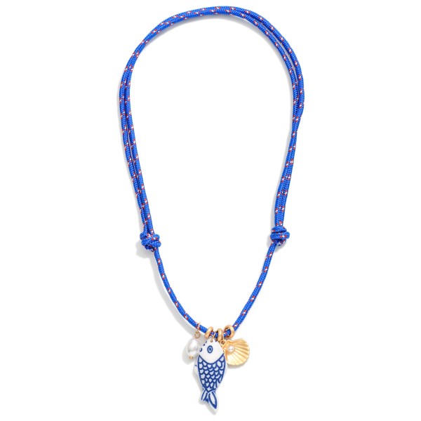 Adjustable Rope Necklace Featuring Ceramic Fish, Shell, & Pearl Pendants 

- Approximately 14-22" L