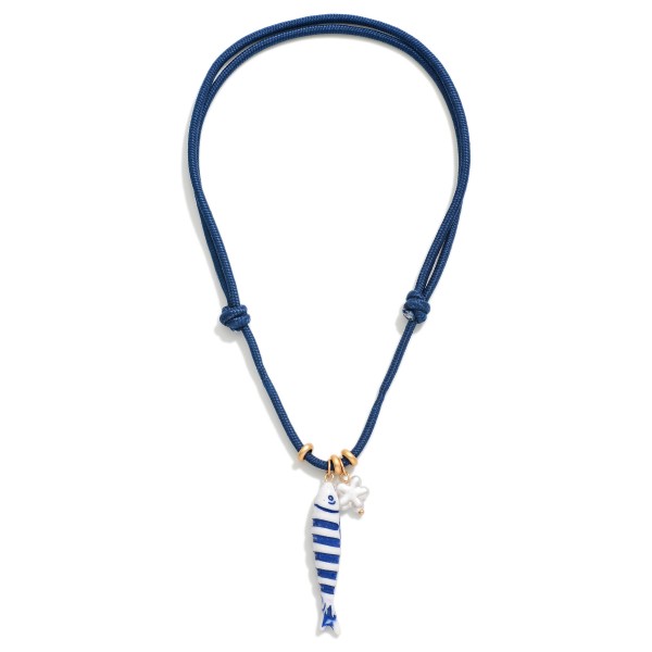 Adjustable Rope Necklace Featuring Ceramic Fish, Acetate Shell, & Star Pendants 

- Approximately 14-22" L