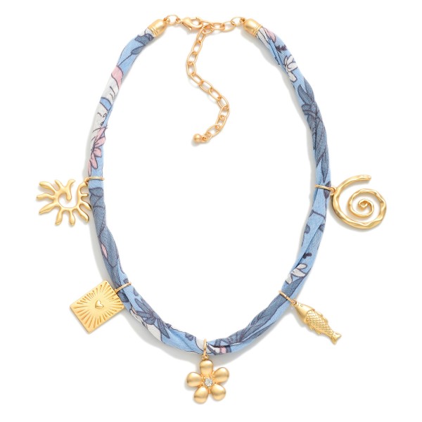 Floral Scarf Necklace Featuring Metal Tone Charms 

- Approximately 12" L
- Extender 2" L