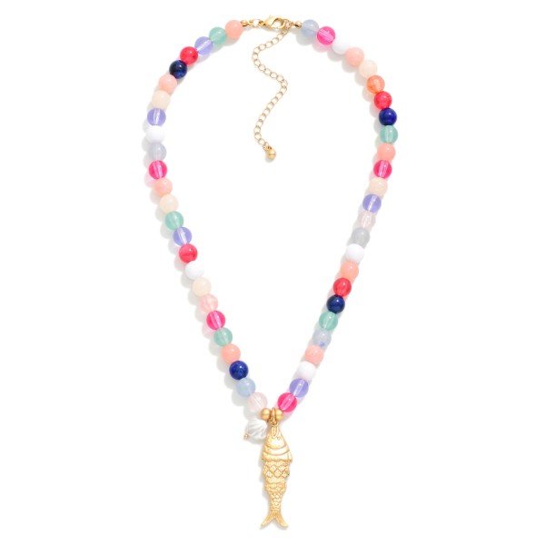 Beaded Necklace Featuring Gold Tone Fish & Pearl Shell Pendants 

- Approximately 14" L
- Extender 2" L