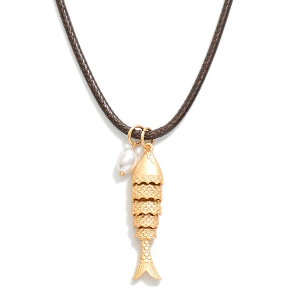 Leather Necklace Featuring Metal Fish & Pearl Pendents 

- Approximately 18" L 

