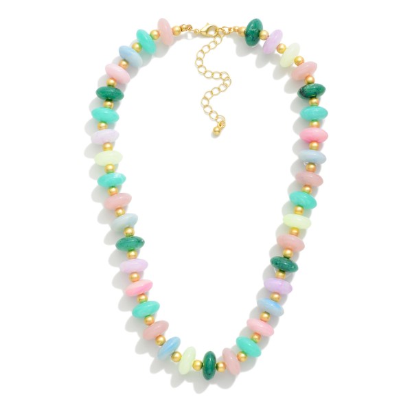 Candy Stone Beaded Necklace Featuring Gold Tone Ball Stations 

- Approximately 14" L 
- Extender 3" L 