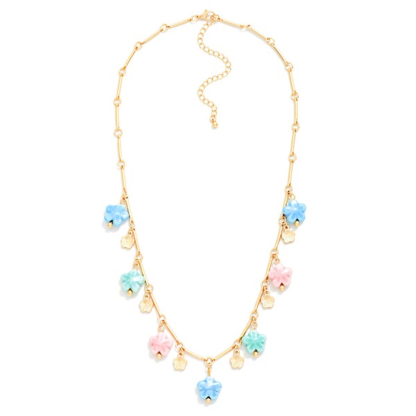 Metal Tone Chain link Featuring Porcelain Flower Charms & Gold Tones 

- Approximately 16" L 
- Extender 2" L 