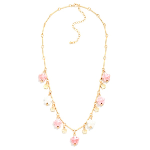 Metal Tone Chain link Featuring Porcelain Flower Charms & Gold Tones 

- Approximately 16" L 
- Extender 2" L 