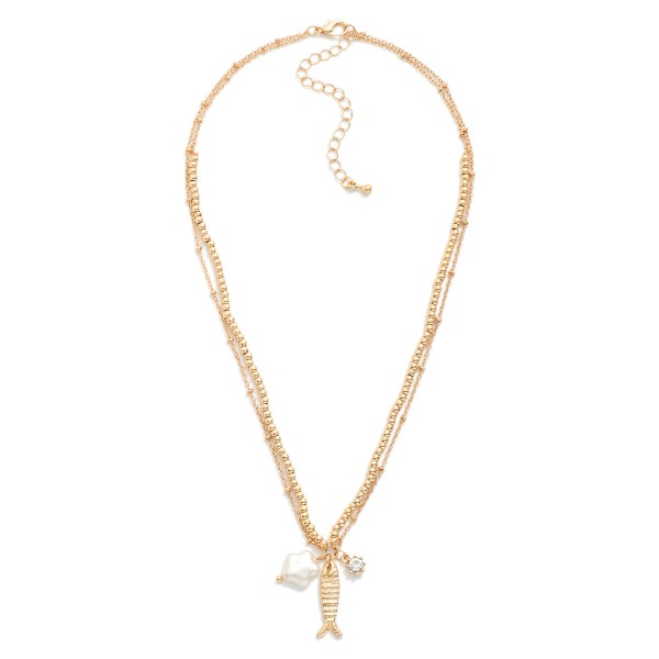 Layered Chain Link & Metal Tone Beaded Necklace Featuring Fish & Pearl Flower Pendant 

- Approximately 14" L
- Extender 3" L