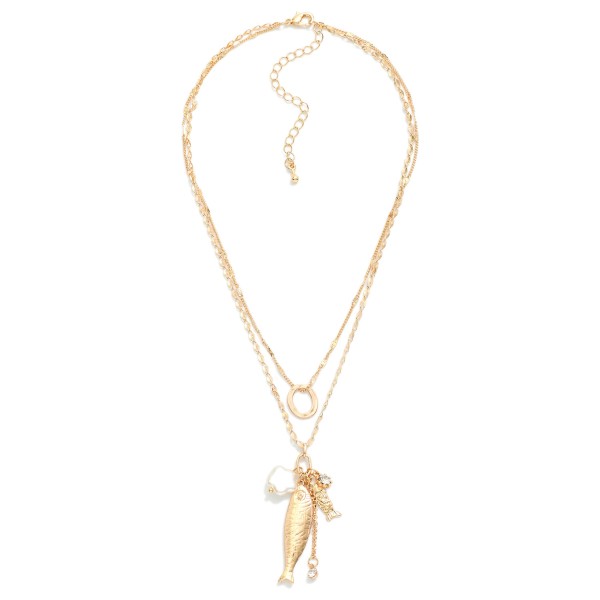 Layered Chain Link Necklace Featuring Metal Tone Hoop & Fish Pendants 

- Approximately 14" L
- Extender 2" L