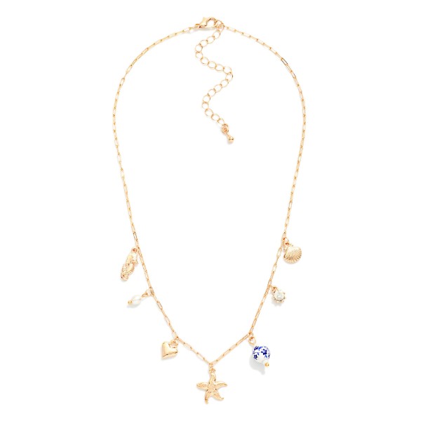 Paperclip Chain Link Necklace Featuring Metal Tone Charms , Pearl, And Porcelain Chinoiserie

- Approximately 16" L
- Extender 2" L 