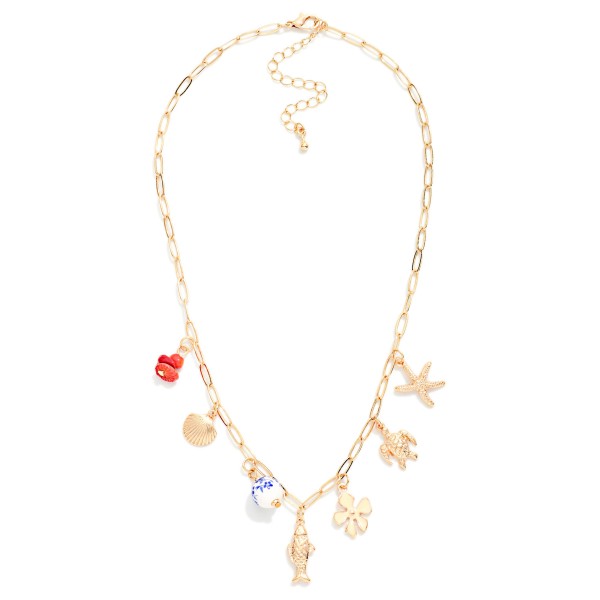 Paperclip Chain Link Necklace Featuring Gold Tone, Porcelain Chinoiserie, & Stone Charms 

- Approximately 14" L 
- Extender 2" L 
