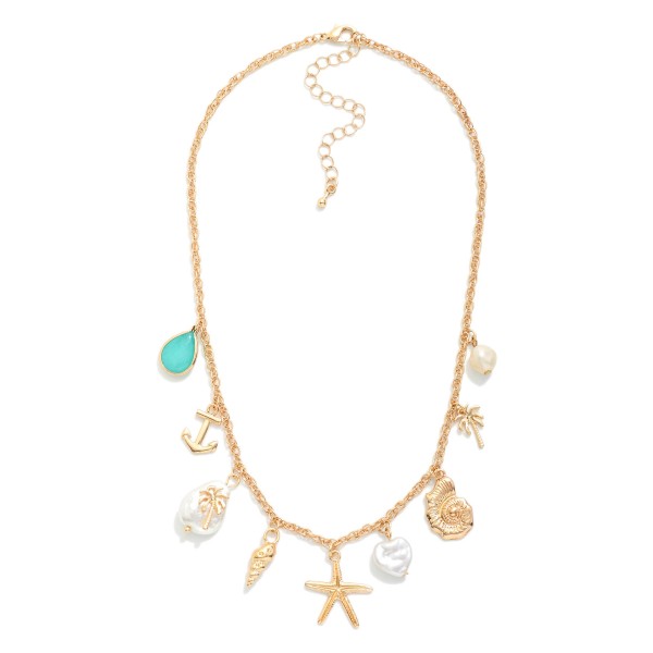Chain Link Necklace Featuring Shells, Starfish & Pearl Charms 

- Approximately  14.50" L 
- Extender 3" L 
