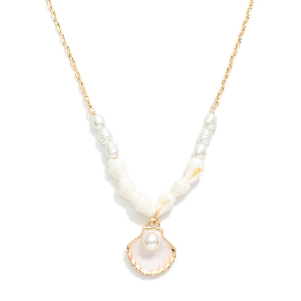 Chain Link Necklace Featuring Beaded Pearls & Shell Pendant 

- Approximately 14" L
- Extender 3" L