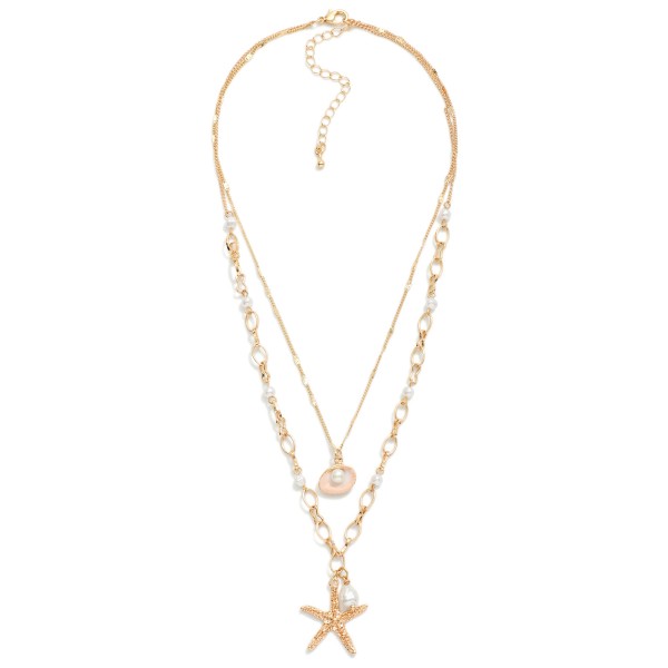 Layered Chain Link Featuring Pearl Stations & Sea Animal Pendants 

- Approximately 14" L
- Extender 2" L