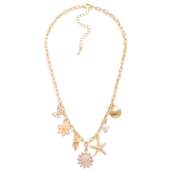 Chain Link Necklace Featuring Flowers & Beach Charms 

- Approximately 14" L
- Extender 2" L