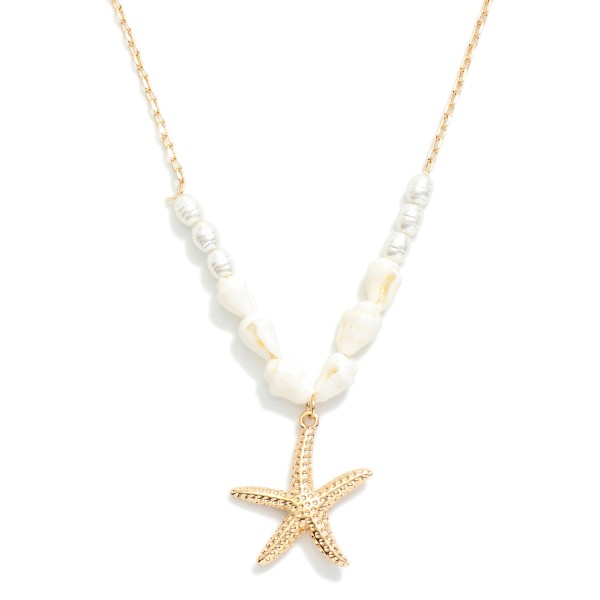 Chain Link Necklace Featuring Beaded Pearls & Metal Starfish Pendant 

- Approximately 14" L
- Extender 3" L
