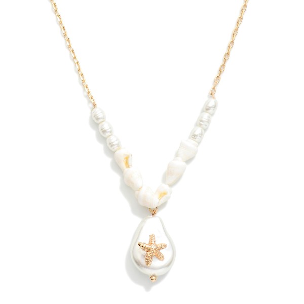 Chain Link Necklace Featuring Beaded Pearls, Shells, & Starfish Pearl Pendant 

- Approximately 14" L
- Extender 3" L