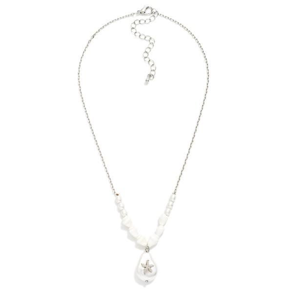Chain Link Necklace Featuring Beaded Pearls, Shells, & Starfish Pearl Pendant 

- Approximately 14" L
- Extender 3" L