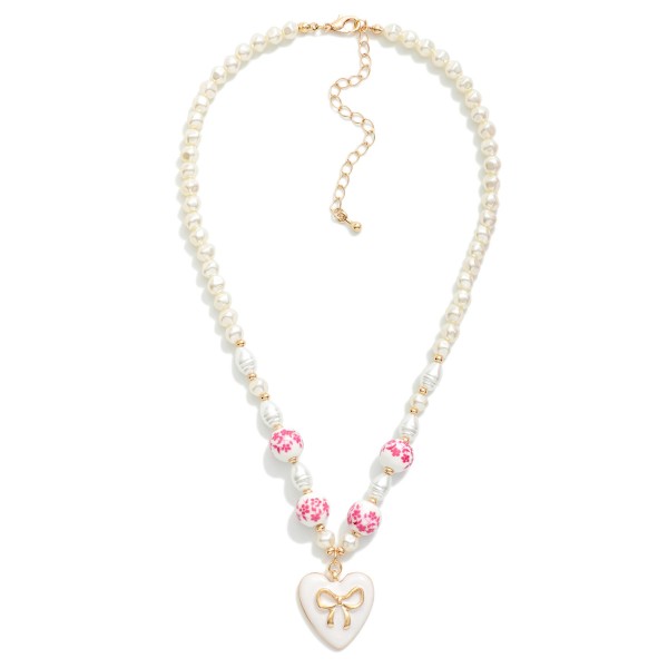 Pearl Beaded Necklace With Chinoiserie Beads & Enamel Heart Bow Pendant 

- Approximately 14" L
- Extender 3" L