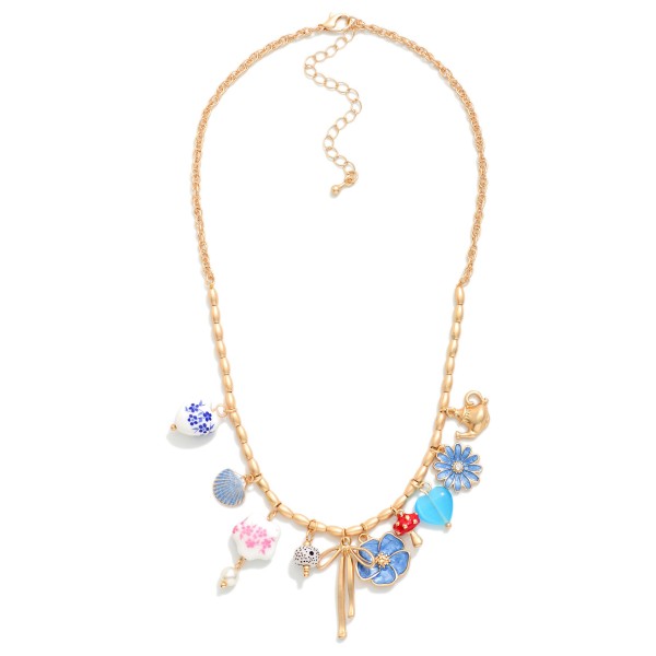 Metal Tone Chain Link Beaded Necklace Featuring Porcelain And Metal Tone Charms 

- Approximately 16" L 
- Extender 3" L 