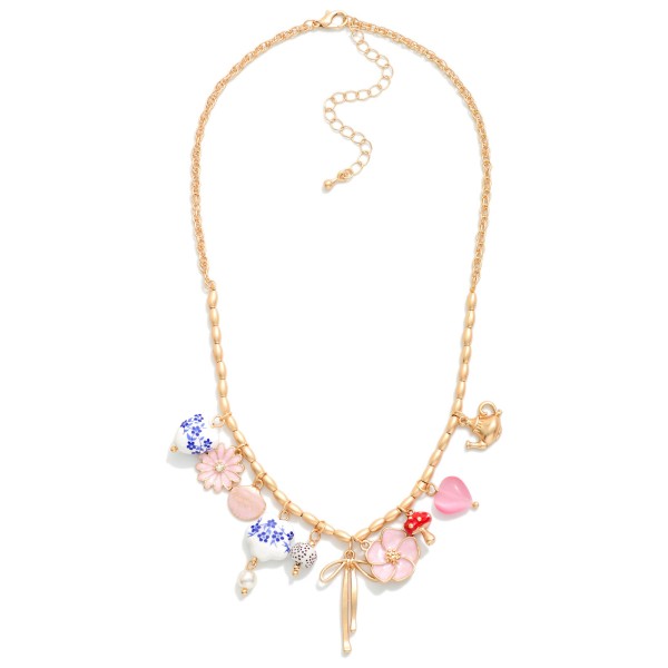 Metal Tone Chain Link Beaded Necklace Featuring Porcelain And Metal Tone Charms 

- Approximately 16" L 
- Extender 3" L 