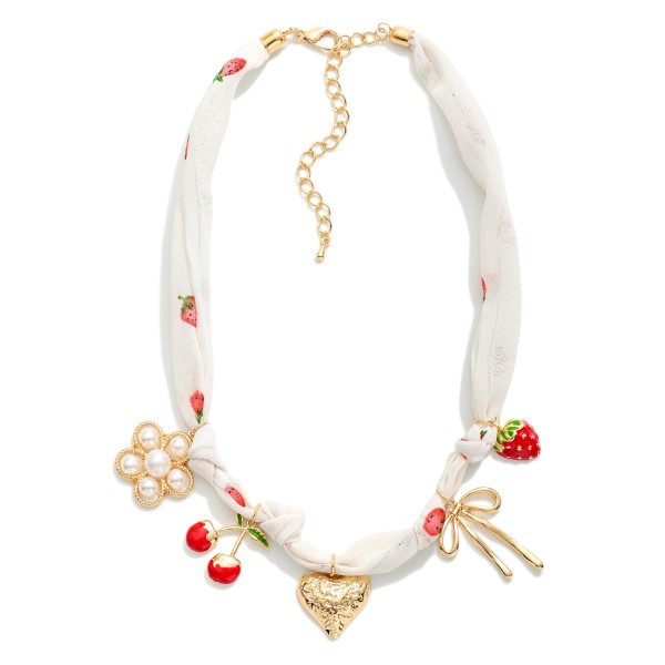 Strawberry Print Scarf Necklace Featuring Fruit, Bow, & Heart Charms 

- Approximately 14" L
- Extender 2" L