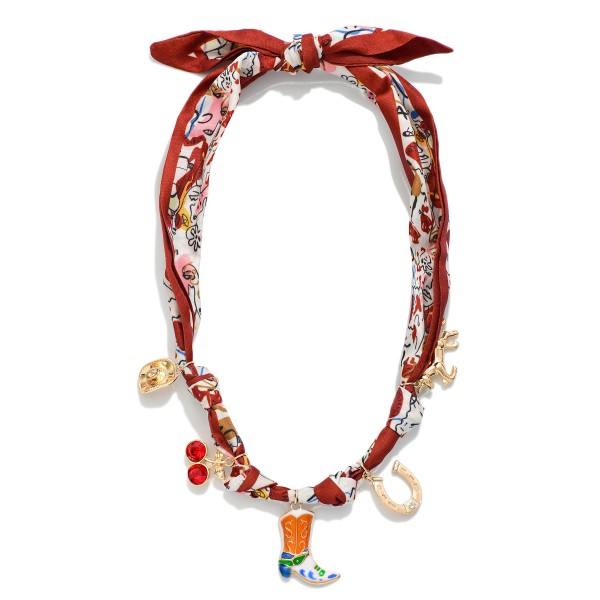 Abstract Face & Flower Scarf Necklace With Western Charms 

- Approximately 16" L