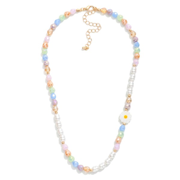 Pearl & Faceted Beaded Necklace Featuring Gold Tones And Flower Bead 

- Approximately 14.5" L 
- Extender 3" L