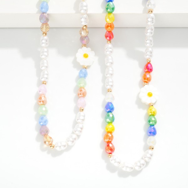 Pearl & Faceted Beaded Necklace Featuring Gold Tones And Flower Bead 

- Approximately 14.5" L 
- Extender 3" L