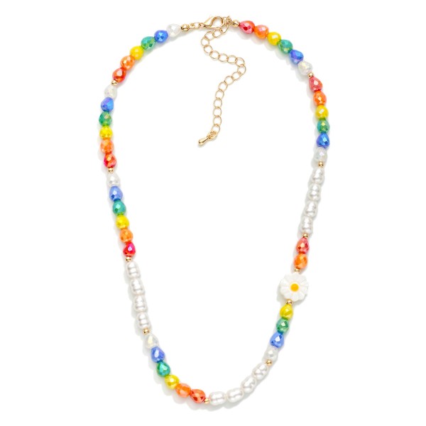 Pearl & Faceted Beaded Necklace Featuring Gold Tones And Flower Bead 

- Approximately 14.5" L 
- Extender 3" L