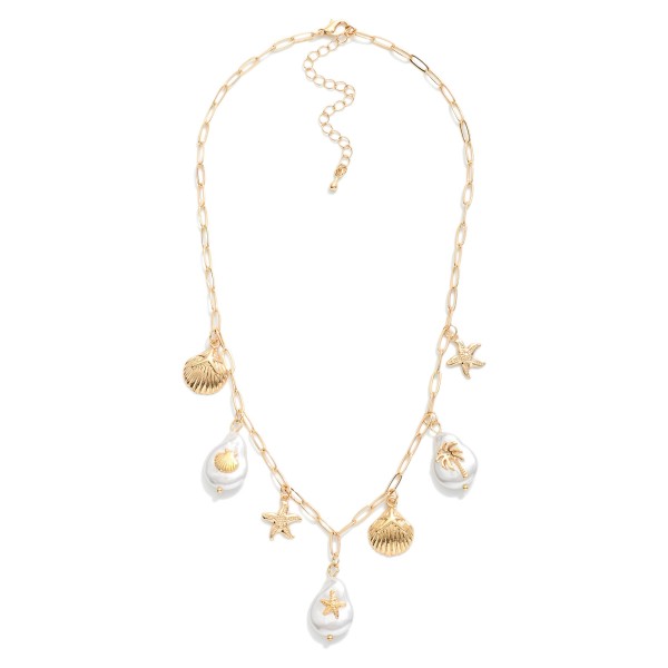 Paper Clip Chain Link Necklace Featuring Shells, Starfish, & Pearl Charms

- Approximately 16" L 
- Extender 3" L 
