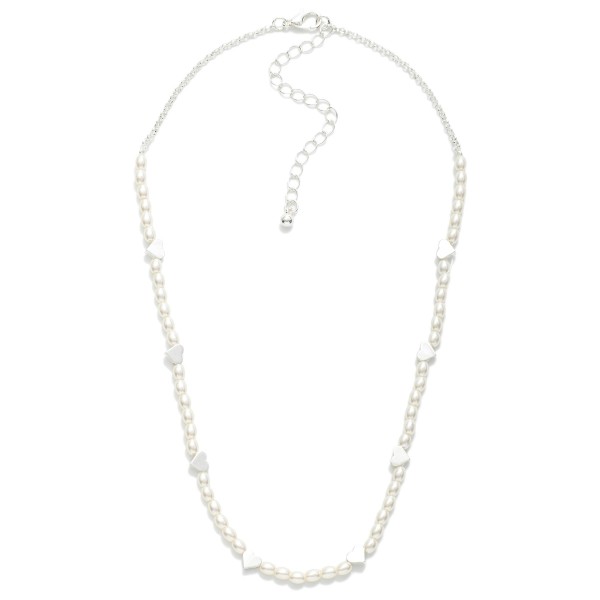 Pearl Beaded Necklace Featuring Metal Tone Heart Stations 

- Approximately 14" L
- Extender 2" L