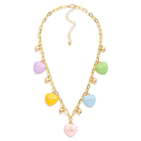 Chain Link Necklace Featuring Enamel Valentines Message Heart Charms 

- Approximately 14.5" L
-  Extender 3" L