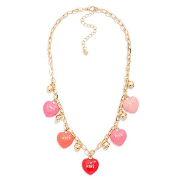 Chain Link Necklace Featuring Enamel Valentines Message Heart Charms 

- Approximately 14.5" L
-  Extender 3" L