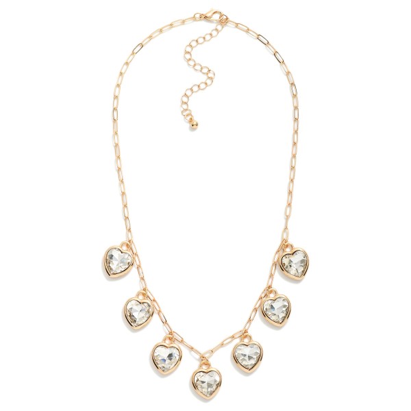 Chain Link Necklace Featuring Rhinestone Heart Charms 

- Approximately 16" L
- Extender 2" L