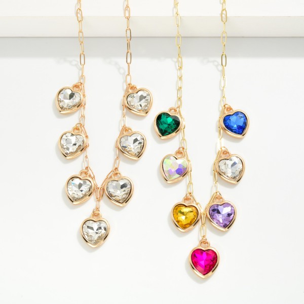 Chain Link Necklace Featuring Rhinestone Heart Charms 

- Approximately 16" L
- Extender 2" L