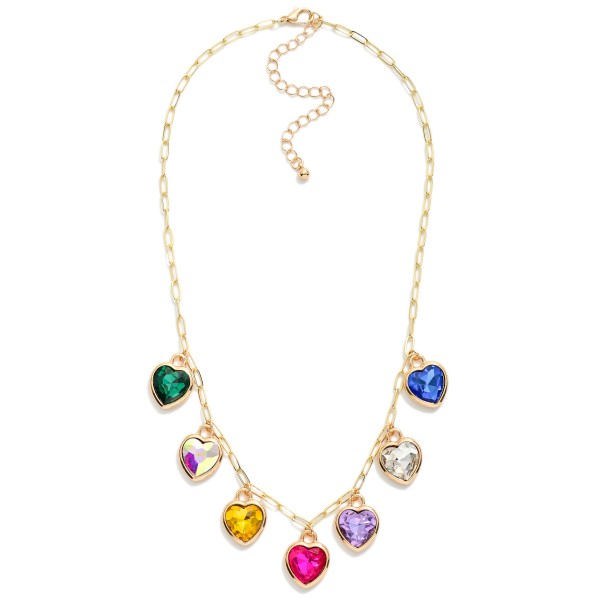 Chain Link Necklace Featuring Rhinestone Heart Charms 

- Approximately 16" L
- Extender 2" L