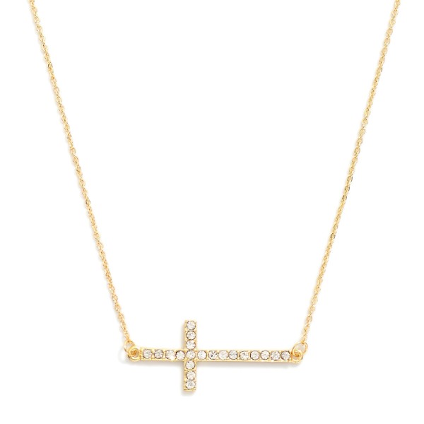 Chain Link Necklace Featuring Rhinestone Studded East West Cross Pendant 

- Approximately 15.5" - 17.5" L