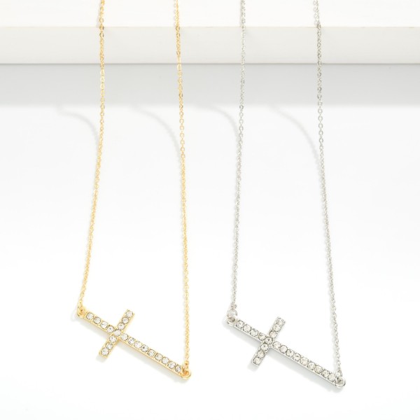 Chain Link Necklace Featuring Rhinestone Studded East West Cross Pendant 

- Approximately 15.5" - 17.5" L