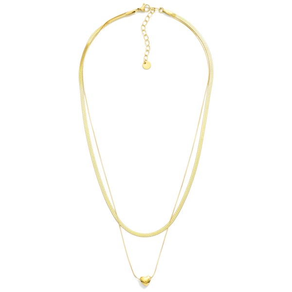 Layered Chain Link Necklace Featuring Herringbone Chain & Heart Pendant 

- Stainless Steel
- Water Resistant
- Approximately 15.5" L
- Extender 2" L