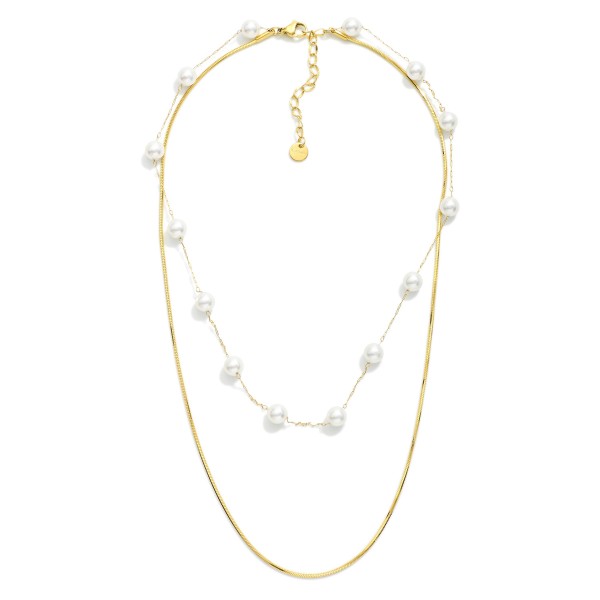 Layered Chain Link Necklace Featuring Pearl Stations 

- Stainless Steel
- Water Resistant
- Approximately 15.5" L
- Extender 2" L