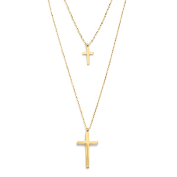 Layered Chain Link Necklace Featuring Metal Tone Cross Pendants   

- Stainless Steel 
- Approximately 15.5" L
- Extender 2" L