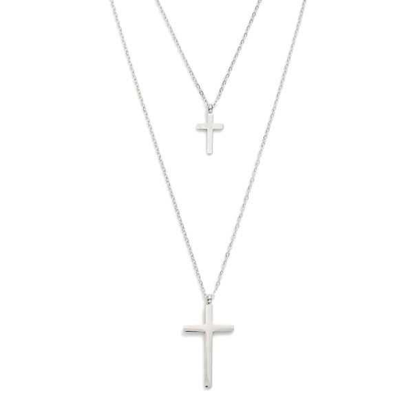 Layered Chain Link Necklace Featuring Metal Tone Cross Pendants   

- Stainless Steel 
- Approximately 15.5" L
- Extender 2" L