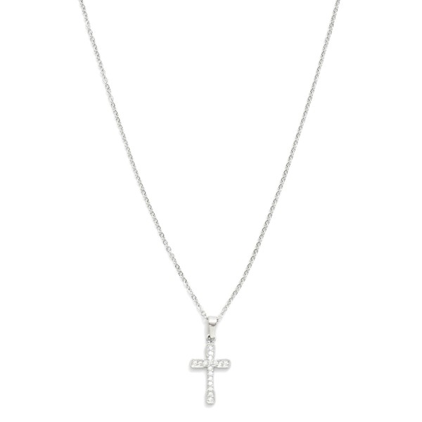 Dainty Chain Link Necklace Featuring Rhinestone Cross Pendant 

- Stainless Steel
- Water Resistant
- Hypoallergenic 16" L
- Extender 2" L