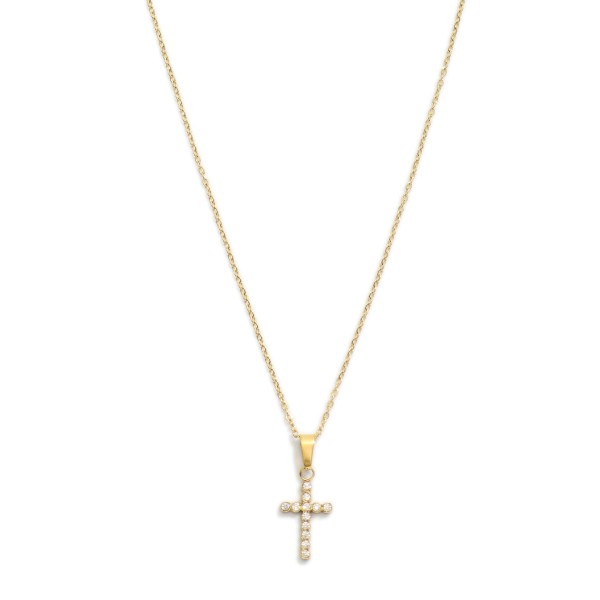 Chain Link Necklace Featuring Rhinestone Cross Pendant 

- Stainless Steel
- Water Resistant
- Approximately 15.5" L
- Extender 2" L