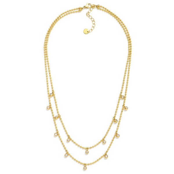 Layered Ball Chain Necklace Featuring Rhinestone Charms 

- Stainless Steel
- Water Resistant
- Approximately 15.5" L
- Extender 2" L