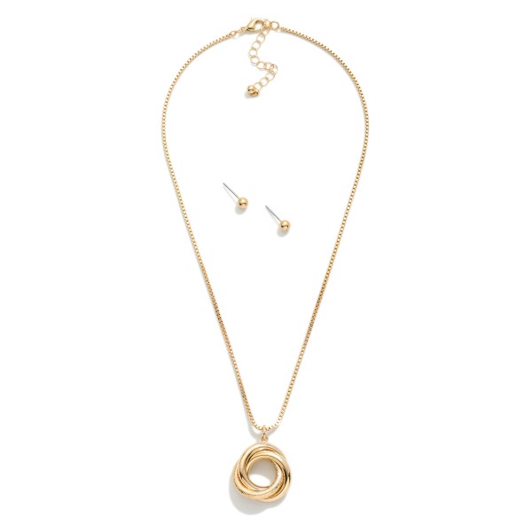 Square Chain Link Necklace Featuring Knotted Metal Pendant 

- Metal Tone Ball Studs Included 
- Approximately 16" L
- Extender 2" L